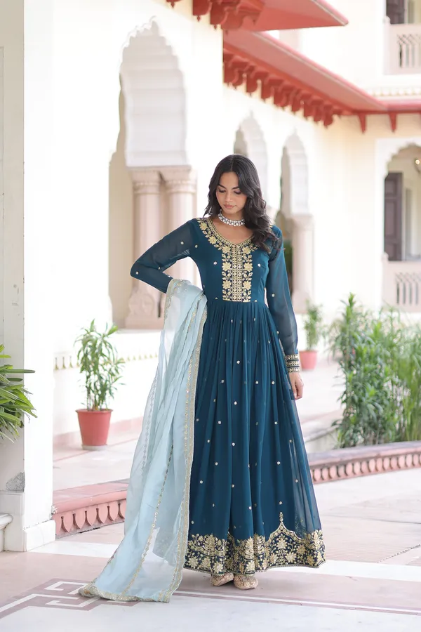 Blue_Faux_Georgette_With_Zari_And_Sequins_Embroidery_Readymade_Gown_For_Women