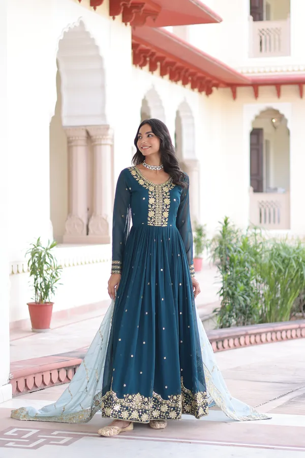 Blue_Faux_Georgette_With_Zari_And_Sequins_Embroidery_Readymade_Gown_For_Women