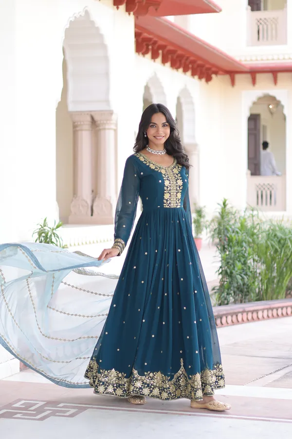 Blue_Faux_Georgette_With_Zari_And_Sequins_Embroidery_Readymade_Gown_For_Women