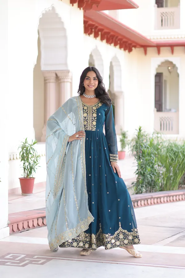 Blue_Faux_Georgette_With_Zari_And_Sequins_Embroidery_Readymade_Gown_For_Women