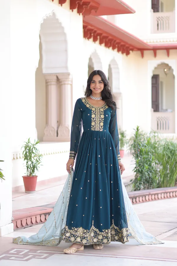 Blue_Faux_Georgette_With_Zari_And_Sequins_Embroidery_Readymade_Gown_For_Women