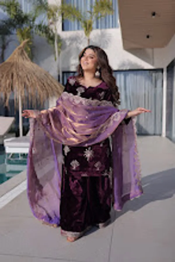 Wine_Ice_Velvet_Readymade_Top_Palazzo_With_Dupatta_For_Women