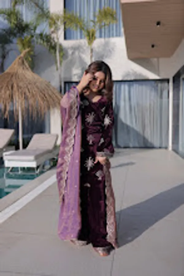 Wine_Ice_Velvet_Readymade_Top_Palazzo_With_Dupatta_For_Women