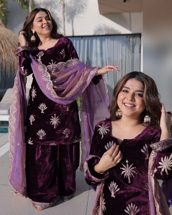 Wine_Ice_Velvet_Readymade_Top_Palazzo_With_Dupatta_For_Women