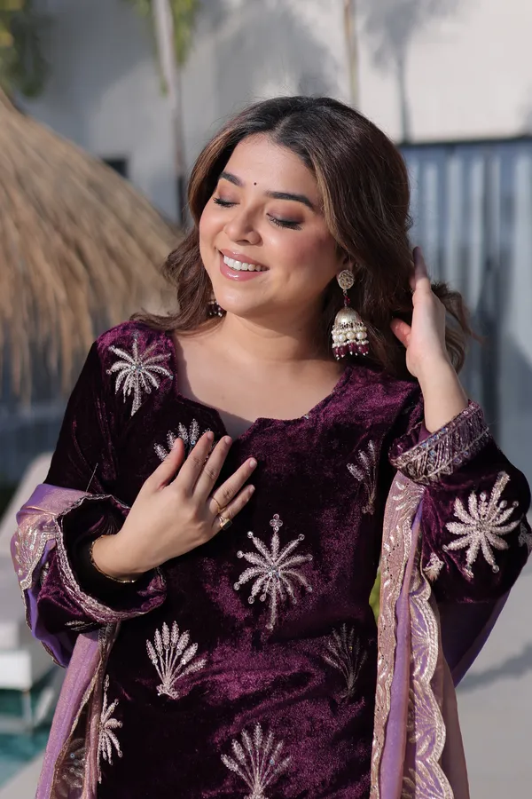 Wine_Ice_Velvet_Readymade_Top_Palazzo_With_Dupatta_For_Women