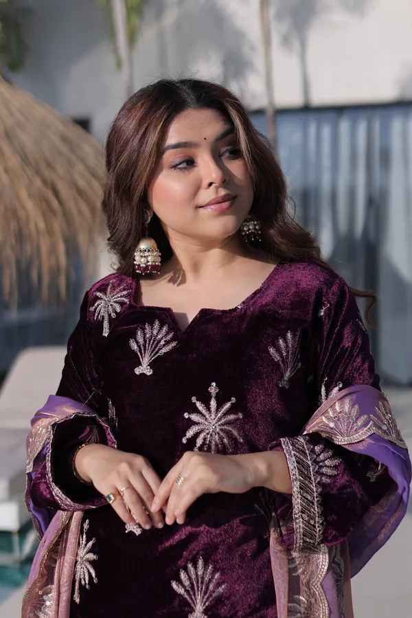 Wine_Ice_Velvet_Readymade_Top_Palazzo_With_Dupatta_For_Women