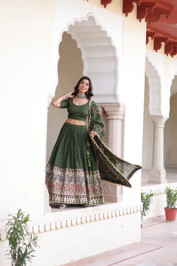 Green_Vichitra_Silk_Embroidered_Lehenga_Choli_Set_With_Dupatta_For_Women