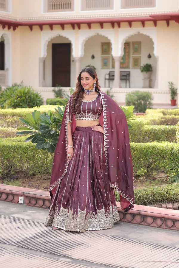 Brown_Gold_Crush_Embroidered_Lehenga_Choli_Set_With_Dupatta_For_Women