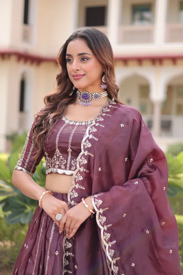 Brown_Gold_Crush_Embroidered_Lehenga_Choli_Set_With_Dupatta_For_Women