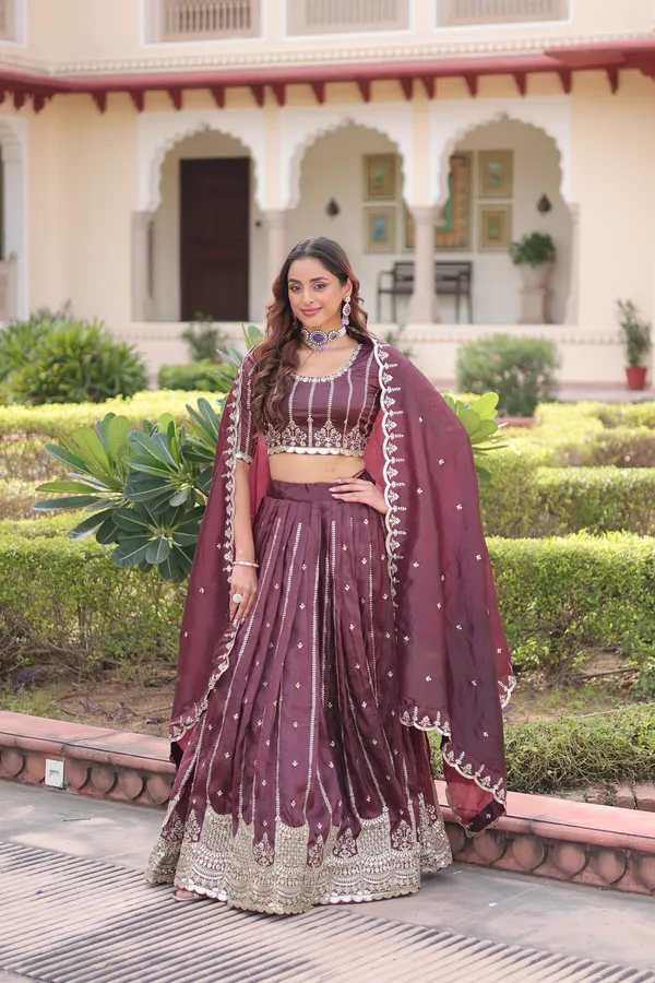 Brown_Gold_Crush_Embroidered_Lehenga_Choli_Set_With_Dupatta_For_Women
