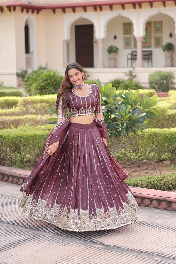 Brown_Gold_Crush_Embroidered_Lehenga_Choli_Set_With_Dupatta_For_Women