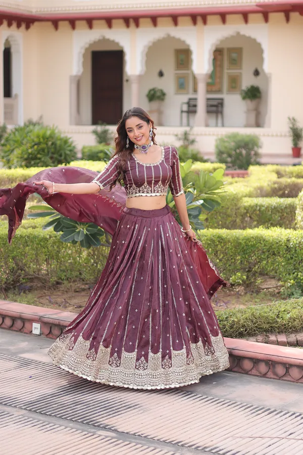 Brown_Gold_Crush_Embroidered_Lehenga_Choli_Set_With_Dupatta_For_Women