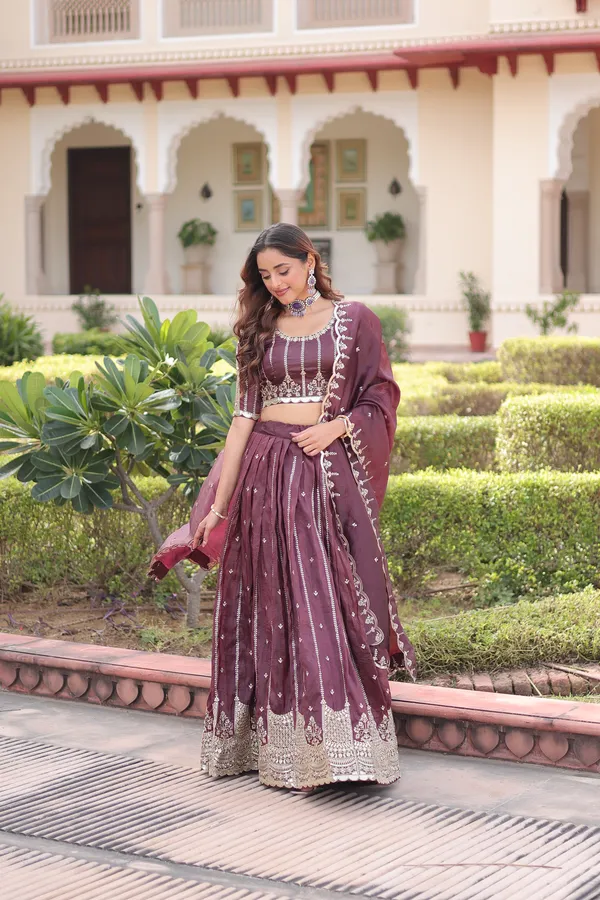 Brown_Gold_Crush_Embroidered_Lehenga_Choli_Set_With_Dupatta_For_Women