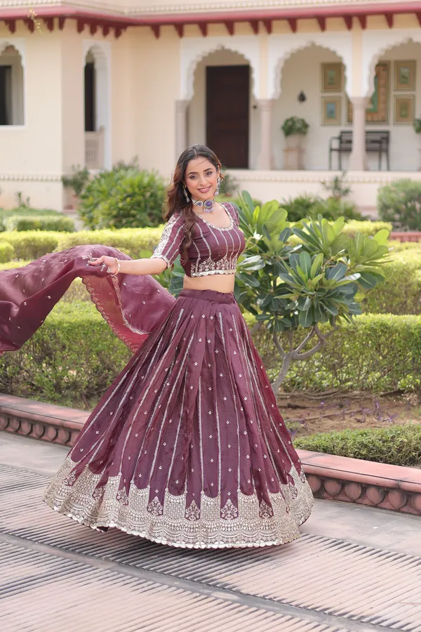 Brown_Gold_Crush_Embroidered_Lehenga_Choli_Set_With_Dupatta_For_Women
