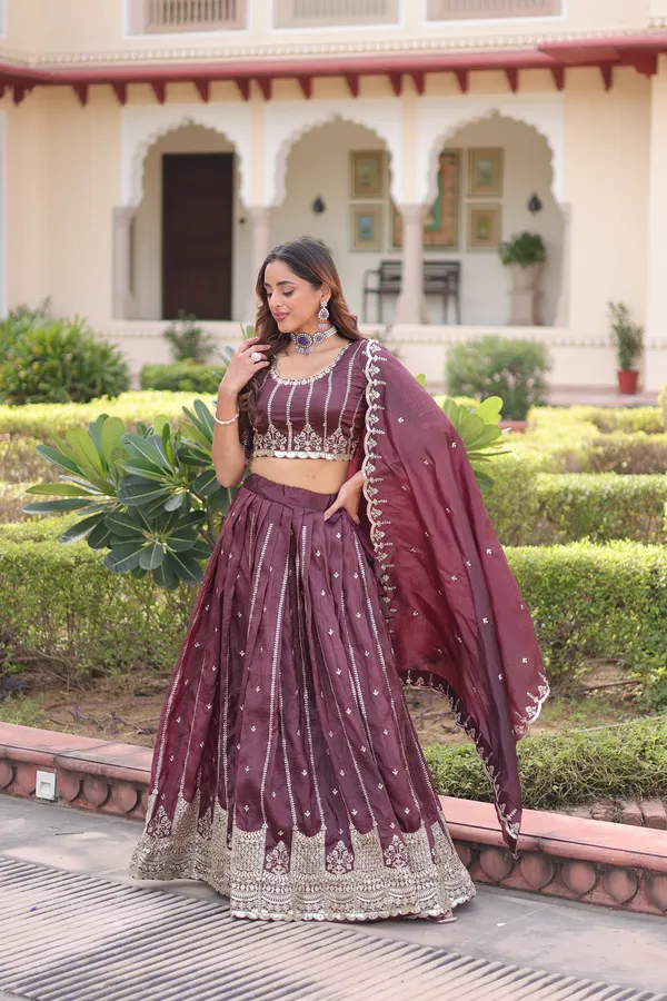 Brown_Gold_Crush_Embroidered_Lehenga_Choli_Set_With_Dupatta_For_Women