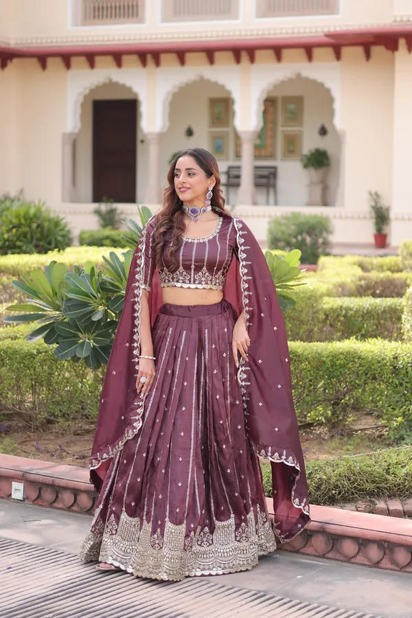 Brown_Gold_Crush_Embroidered_Lehenga_Choli_Set_With_Dupatta_For_Women