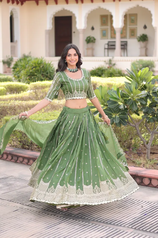 Green_Gold_Crush_Embroidered_Lehenga_Choli_Set_With_Dupatta_For_Women