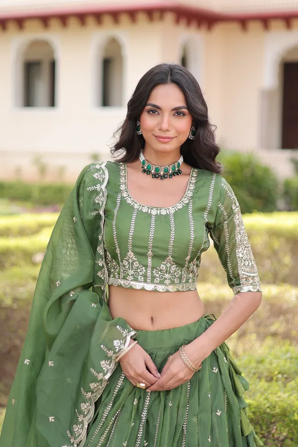 Green_Gold_Crush_Embroidered_Lehenga_Choli_Set_With_Dupatta_For_Women