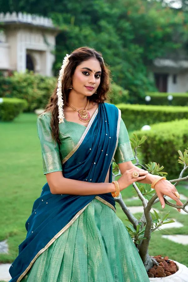 Pista_Kanchipuram_Silk_Lehenga_Choli_Set_With_Zari_Weaving_Work_And_Embroidered_Vichitra_Dupatta_For_Women