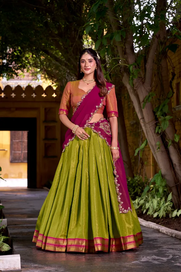 Green_Kanchipuram_Silk_Lehenga_Choli_Set_With_Zari_Weaving_Work_And_Embroidered_Georgette_Dupatta_For_Women