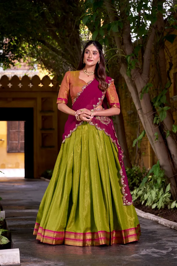 Green_Kanchipuram_Silk_Lehenga_Choli_Set_With_Zari_Weaving_Work_And_Embroidered_Georgette_Dupatta_For_Women