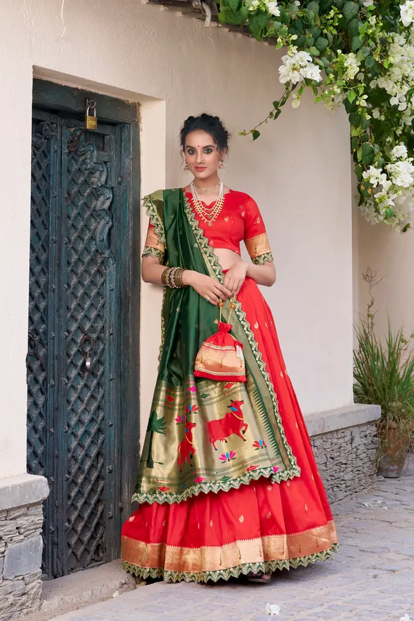 Red_Jacquard_Silk_Paithani_Lehenga_Choli_Set_For_Women
