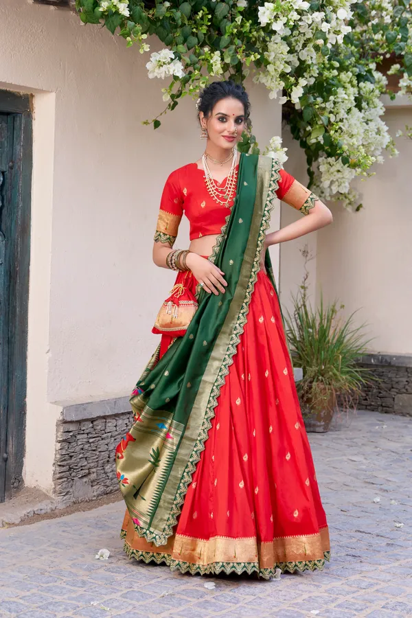 Red_Jacquard_Silk_Paithani_Lehenga_Choli_Set_For_Women