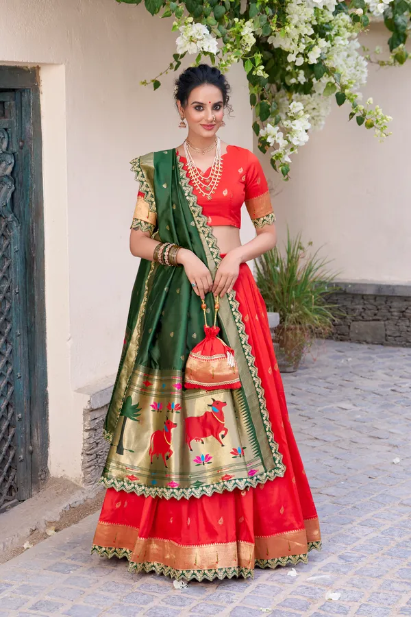 Red_Jacquard_Silk_Paithani_Lehenga_Choli_Set_For_Women