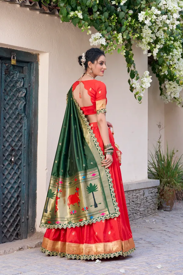 Red_Jacquard_Silk_Paithani_Lehenga_Choli_Set_For_Women