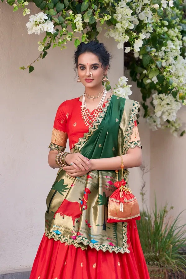 Red_Jacquard_Silk_Paithani_Lehenga_Choli_Set_For_Women