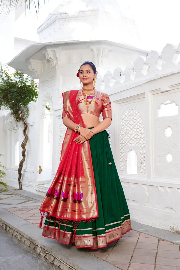 Green_Vichitra_Silk_Lehenga_Choli_Set_With_Paithani_Lace_Border_And_Zari_Weaving_Dupatta_For_Women
