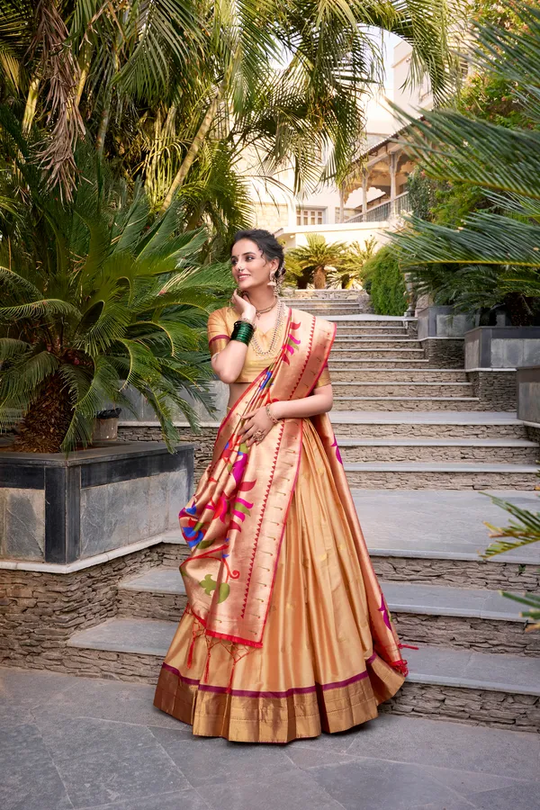 Chiku_Jacquard_Silk_Paithani_Lehenga_Choli_Set_With_Rich_Zari_Weaving_Dupatta_For_Women