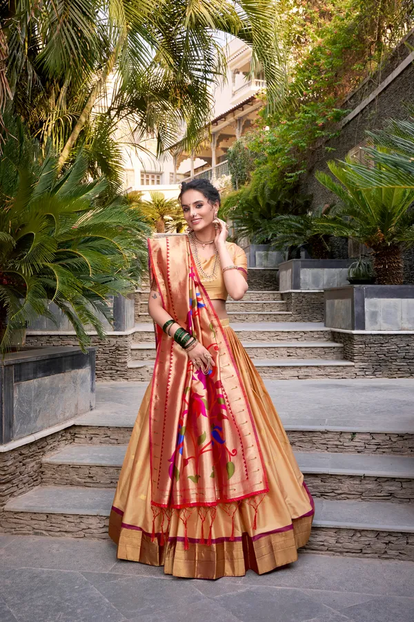 Chiku_Jacquard_Silk_Paithani_Lehenga_Choli_Set_With_Rich_Zari_Weaving_Dupatta_For_Women