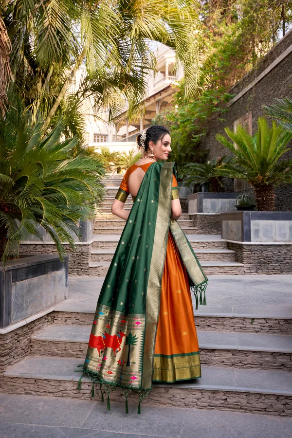 Orange_Jacquard_Silk_Paithani_Lehenga_Choli_Set_With_Rich_Zari_Weaving_Dupatta_For_Women