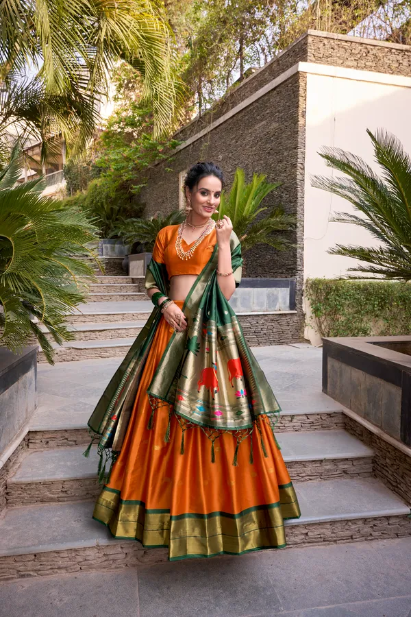 Orange_Jacquard_Silk_Paithani_Lehenga_Choli_Set_With_Rich_Zari_Weaving_Dupatta_For_Women