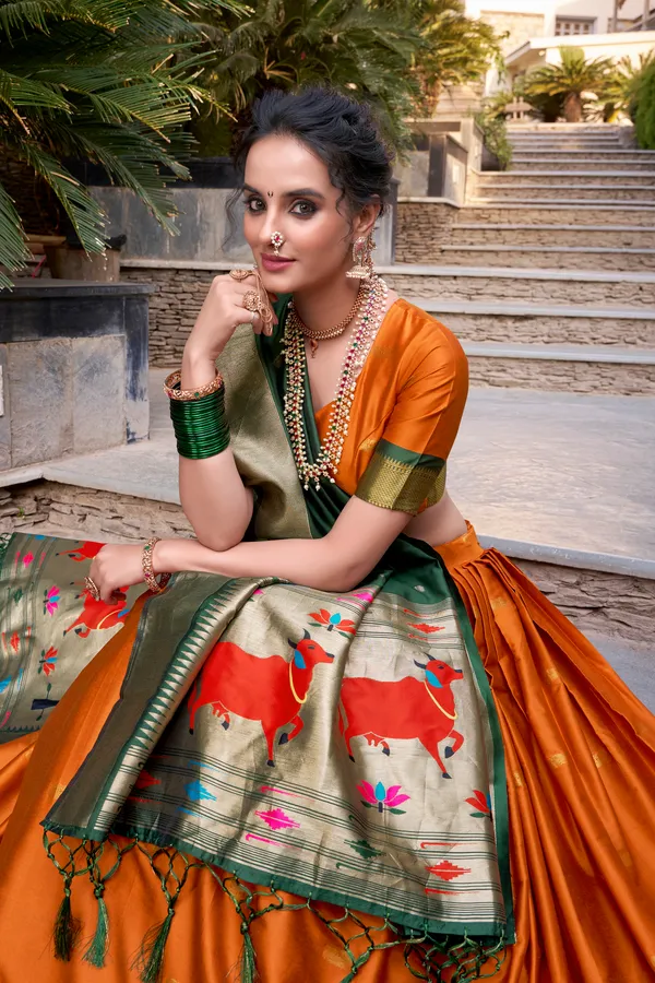 Orange_Jacquard_Silk_Paithani_Lehenga_Choli_Set_With_Rich_Zari_Weaving_Dupatta_For_Women