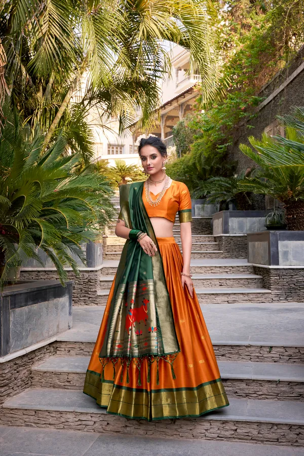 Orange_Jacquard_Silk_Paithani_Lehenga_Choli_Set_With_Rich_Zari_Weaving_Dupatta_For_Women