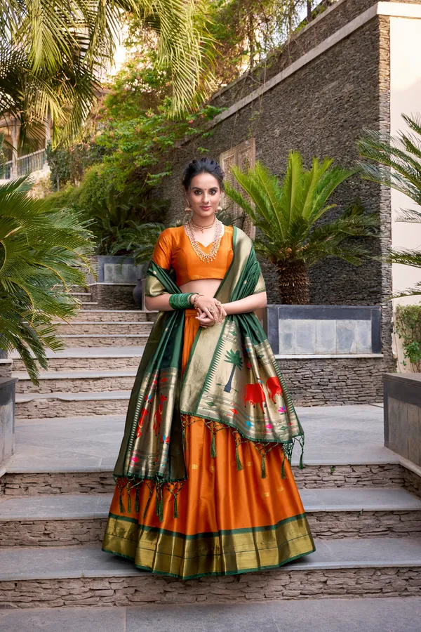 Orange_Jacquard_Silk_Paithani_Lehenga_Choli_Set_With_Rich_Zari_Weaving_Dupatta_For_Women