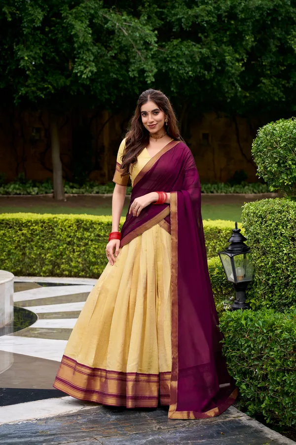 Brown_Kanchipuram_Zari_Weaving_Work_Lehenga_Choli_Set_With_Dupatta_For_Women