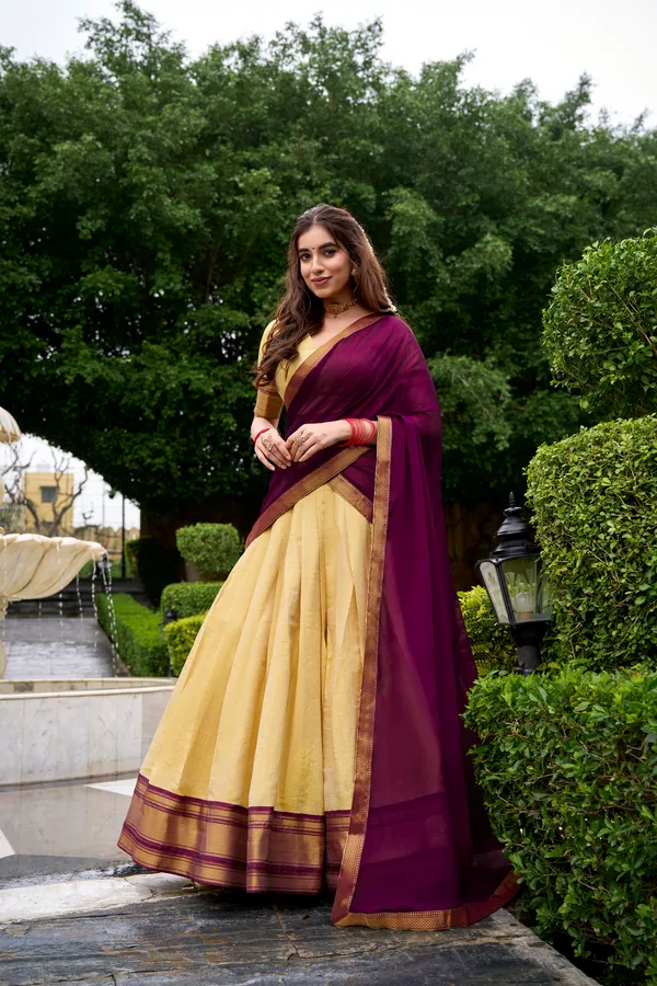 Brown_Kanchipuram_Zari_Weaving_Work_Lehenga_Choli_Set_With_Dupatta_For_Women