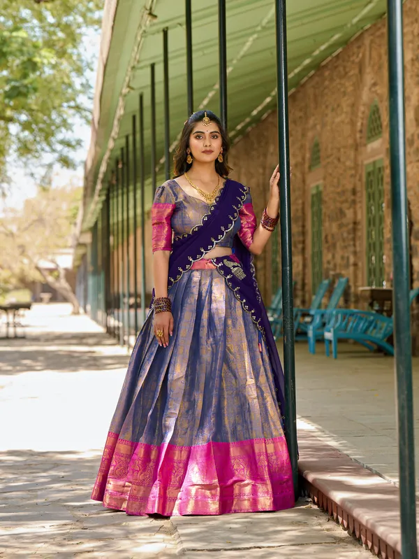Blue_Kanjivaram_Zari_Weaving_Work_Lehenga_Choli_Set_With_Embroidered_Dupatta_For_Women