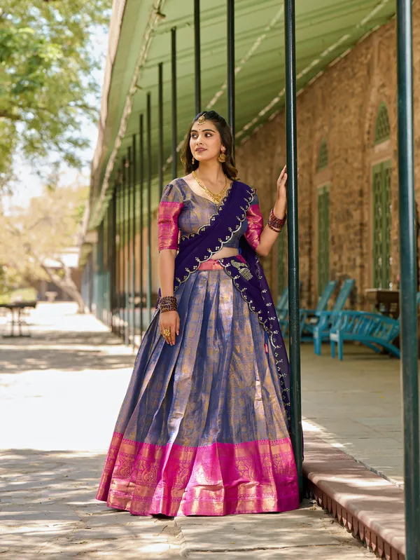 Blue_Kanjivaram_Zari_Weaving_Work_Lehenga_Choli_Set_With_Embroidered_Dupatta_For_Women
