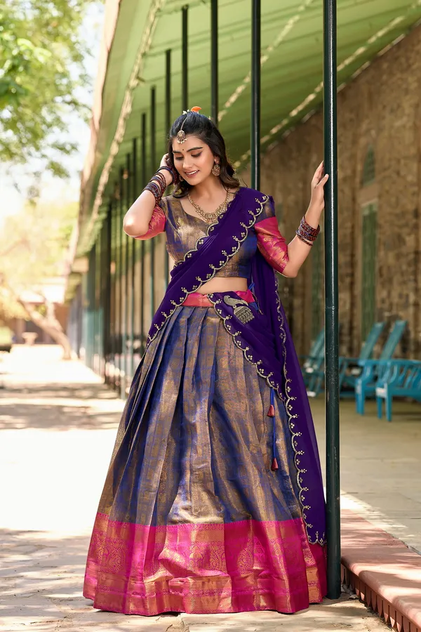 Blue_Kanjivaram_Zari_Weaving_Work_Lehenga_Choli_Set_With_Embroidered_Dupatta_For_Women