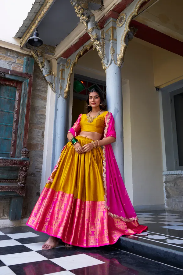 Mustard_Narayan_Pattu_Yellow_Lehenga_Choli_Set_With_Pink_Dupatta_For_Women