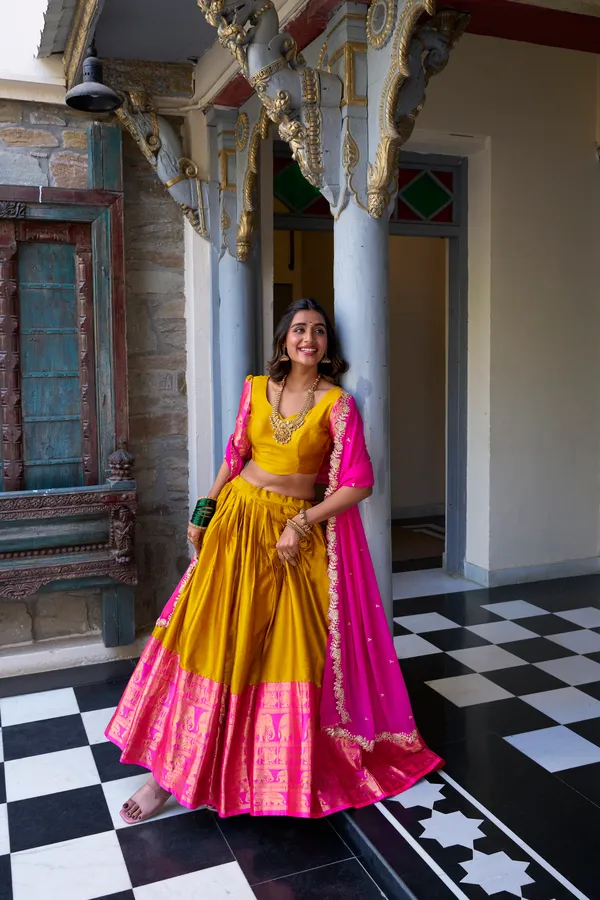 Mustard_Narayan_Pattu_Yellow_Lehenga_Choli_Set_With_Pink_Dupatta_For_Women