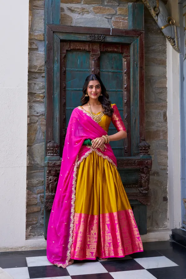 Mustard_Narayan_Pattu_Yellow_Lehenga_Choli_Set_With_Pink_Dupatta_For_Women