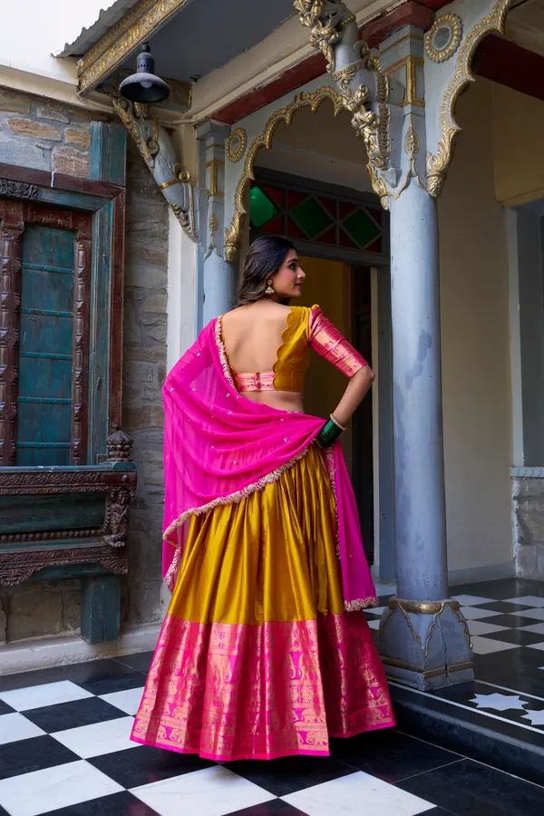 Mustard_Narayan_Pattu_Yellow_Lehenga_Choli_Set_With_Pink_Dupatta_For_Women