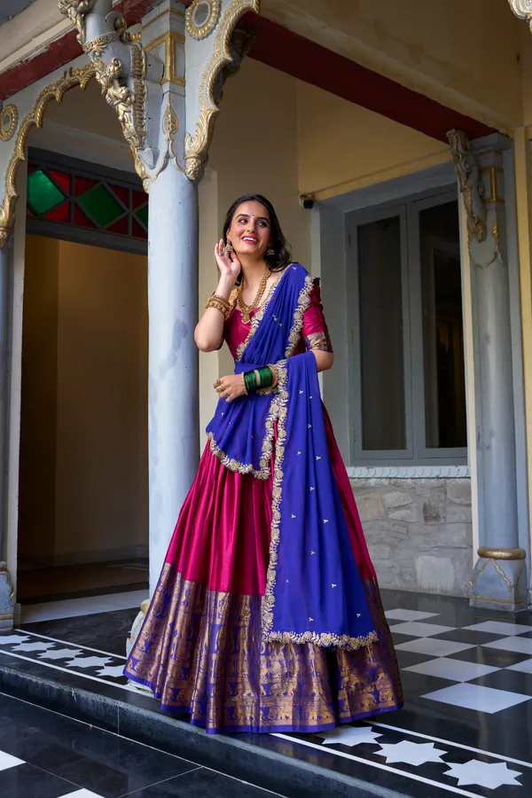 Pink_Narayan_Pattu_Mustard_Yellow_Lehenga_Choli_Set_With_Dupatta_For_Women