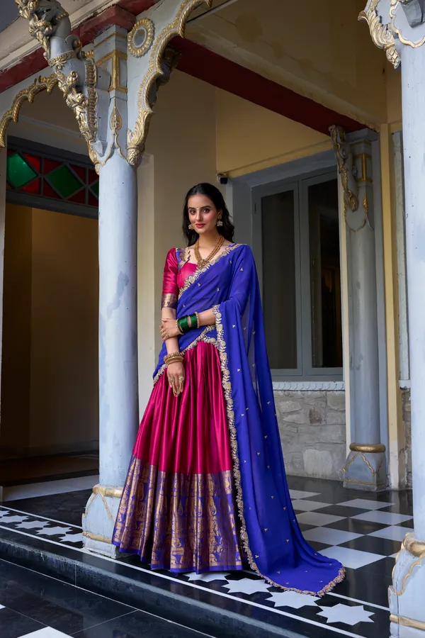 Pink_Narayan_Pattu_Mustard_Yellow_Lehenga_Choli_Set_With_Dupatta_For_Women