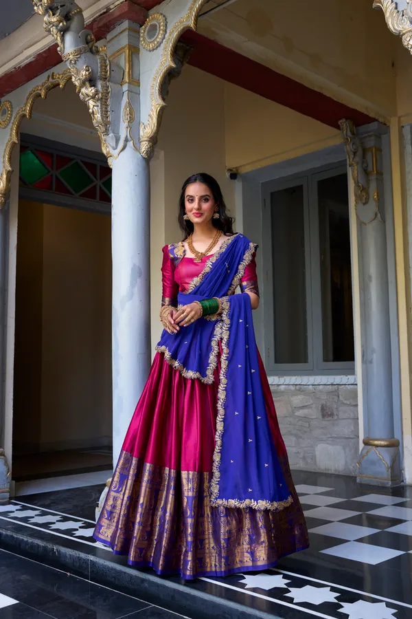 Pink_Narayan_Pattu_Mustard_Yellow_Lehenga_Choli_Set_With_Dupatta_For_Women